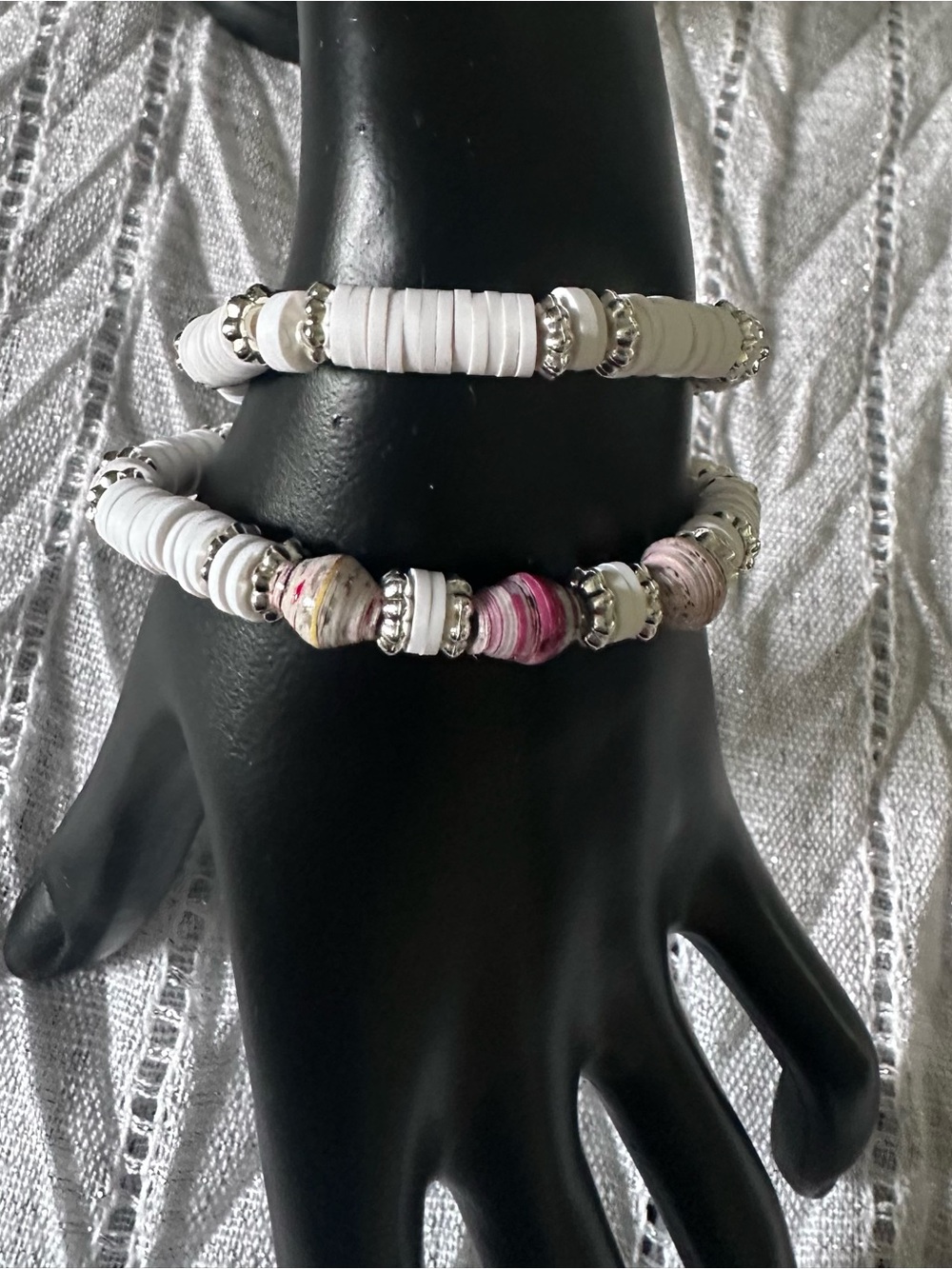 White and Multi-Colored Beaded Handmade Stretch Bracelets with silver accents
